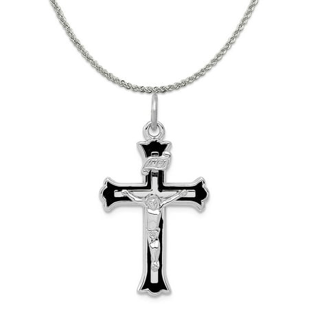 Sterling Silver Enameled Inri Crucifix Charm (28mm X 16mm) With A Sterling Silver Rope Chain Necklace 16
