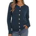 thumbnail image 4 of Asklazy Plus Size Women's Open Front Cardigan Casual Lightweight Crewneck Long Sleeve Button down Knit Sweaters Navy blue,2XL, 4 of 10