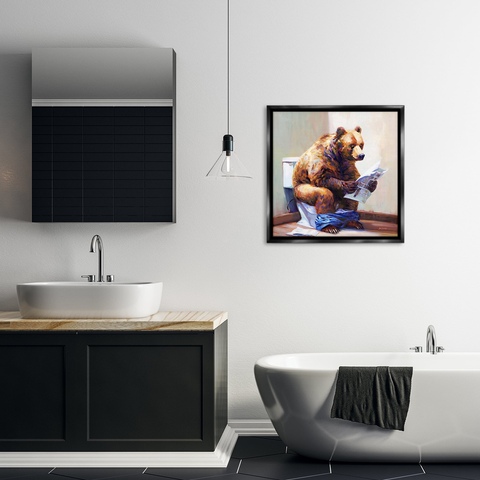 Stupell Industries Bathtub Bear with Graffiti Typography Painting Black Floater Framed Canvas Art Print Wall Art, 25 x 25