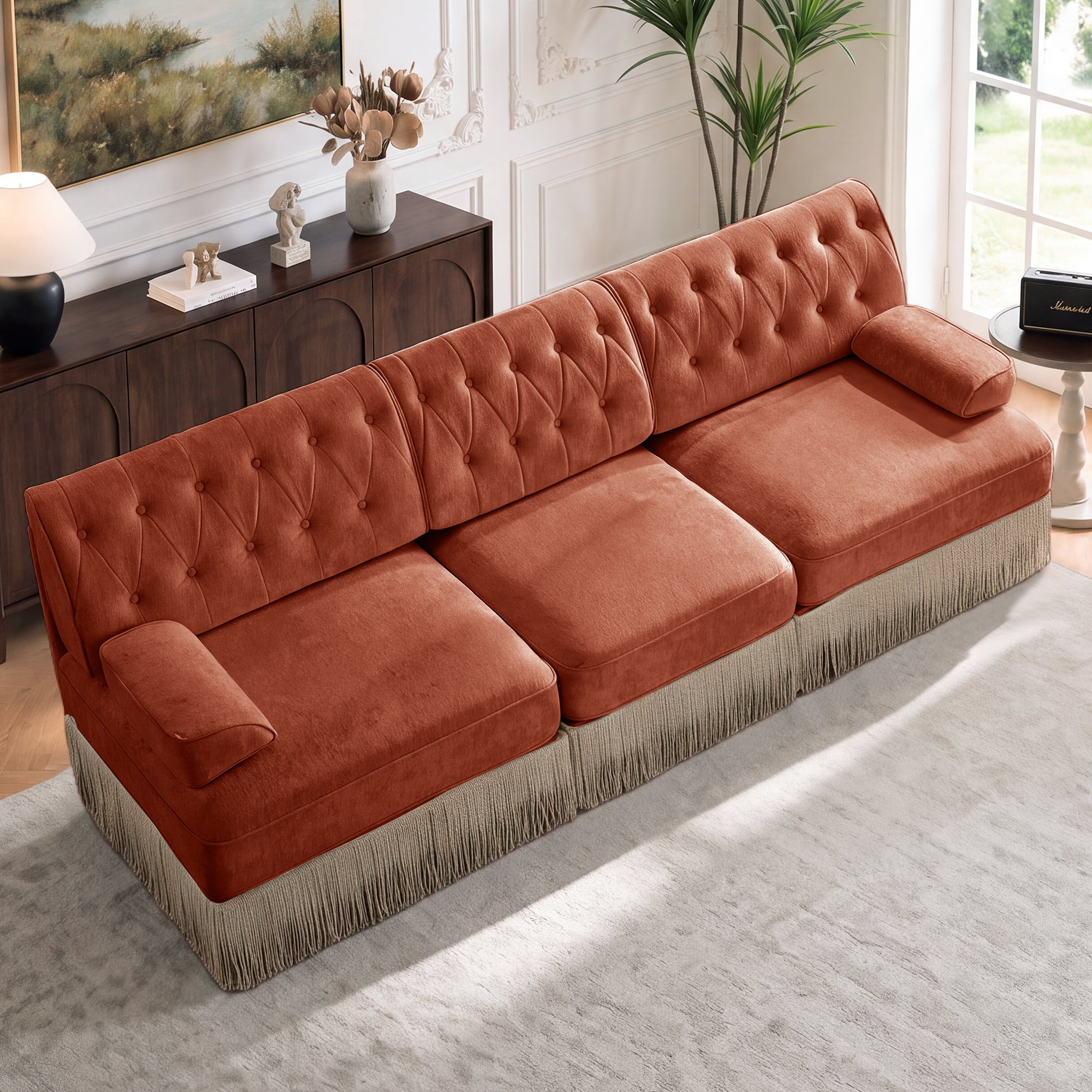 106" Velvet Fabric 3-Seater Sofa with Tassel Fringe Skirt and Button Tufted Design, Easy to Assemble
