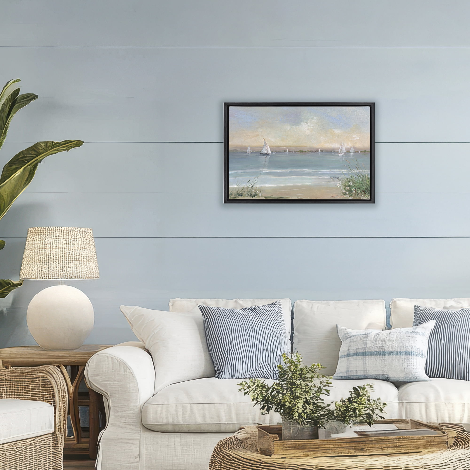 Stupell Industries Coastal Sailing At Dawn Black Framed Floater Canvas Wall Art, design by Sally Swatland