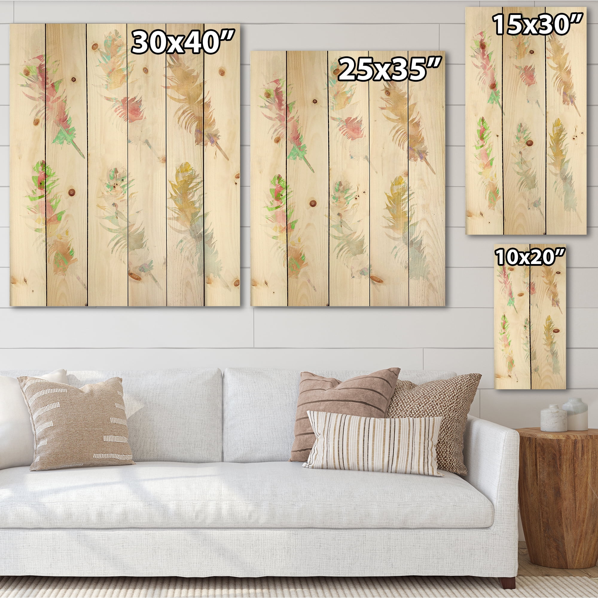 Designart 'Vibrant Boho Art Feather In Rustic Bright Colors' Bohemian & Eclectic Print on Natural Pine Wood