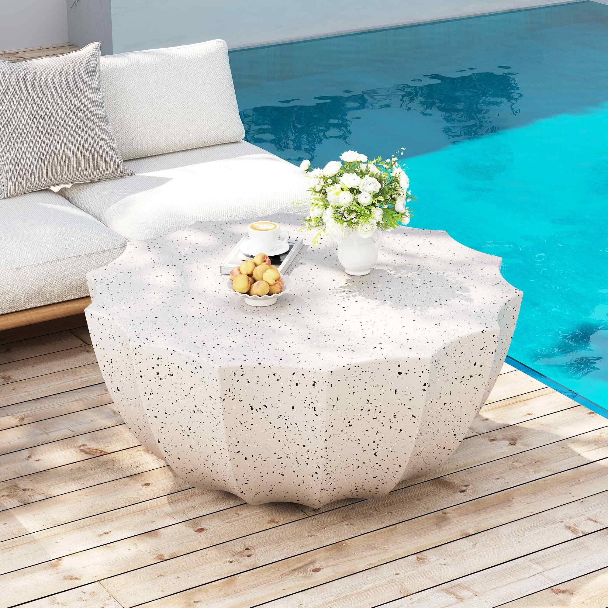 Lunale 35.43" Coffee Table for Indoor & Outdoor, Waterproof Durable MgO Cement Design, White