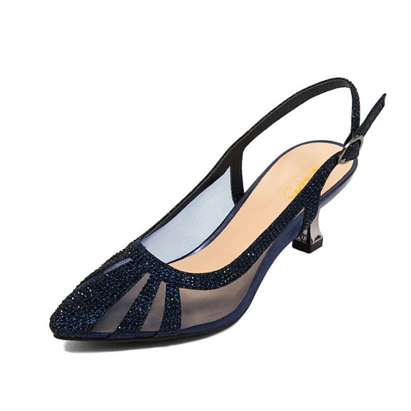 XYD Women Chic Mesh Rhinestone Studs Pointed Toe Pumps Kitten Low Heels Slingback Party Shoes Size 7 Navy
