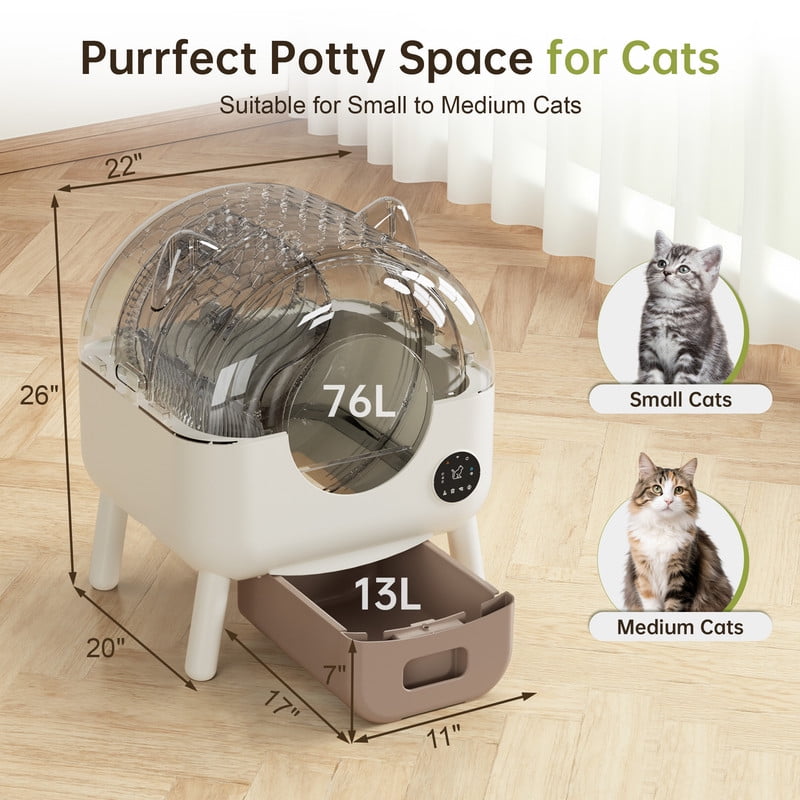 Furmax Fully Enclosed Automatic Cat Litter Box, 76L Large Capacity for Big Cats, Cat Ear Design with Garbage Bags, Aroma Box & Brush (brown)
