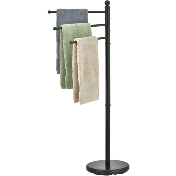 MyGift 40-inch Modern Freestanding Matte Black Bathroom Towel Rack with 3 Swivel Arms