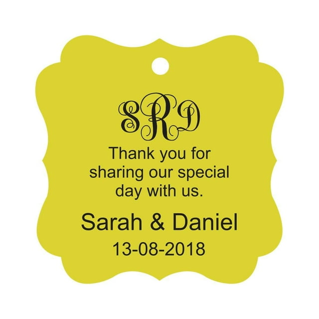 Darling Souvenir Merci de Partager Notre Journée Spéciale Personnalisé Monogramme Initiales Hang Tags Personnalisé Mariage Faveur Cadeau Tags-Jaune-100 Tags