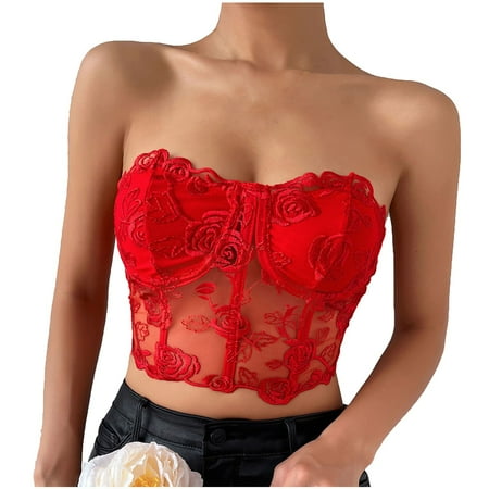 

KDDYLITQ Embroidered Bralettes for Women Plunge Wireless Strapless Bra Cami Strap Bralette Red L