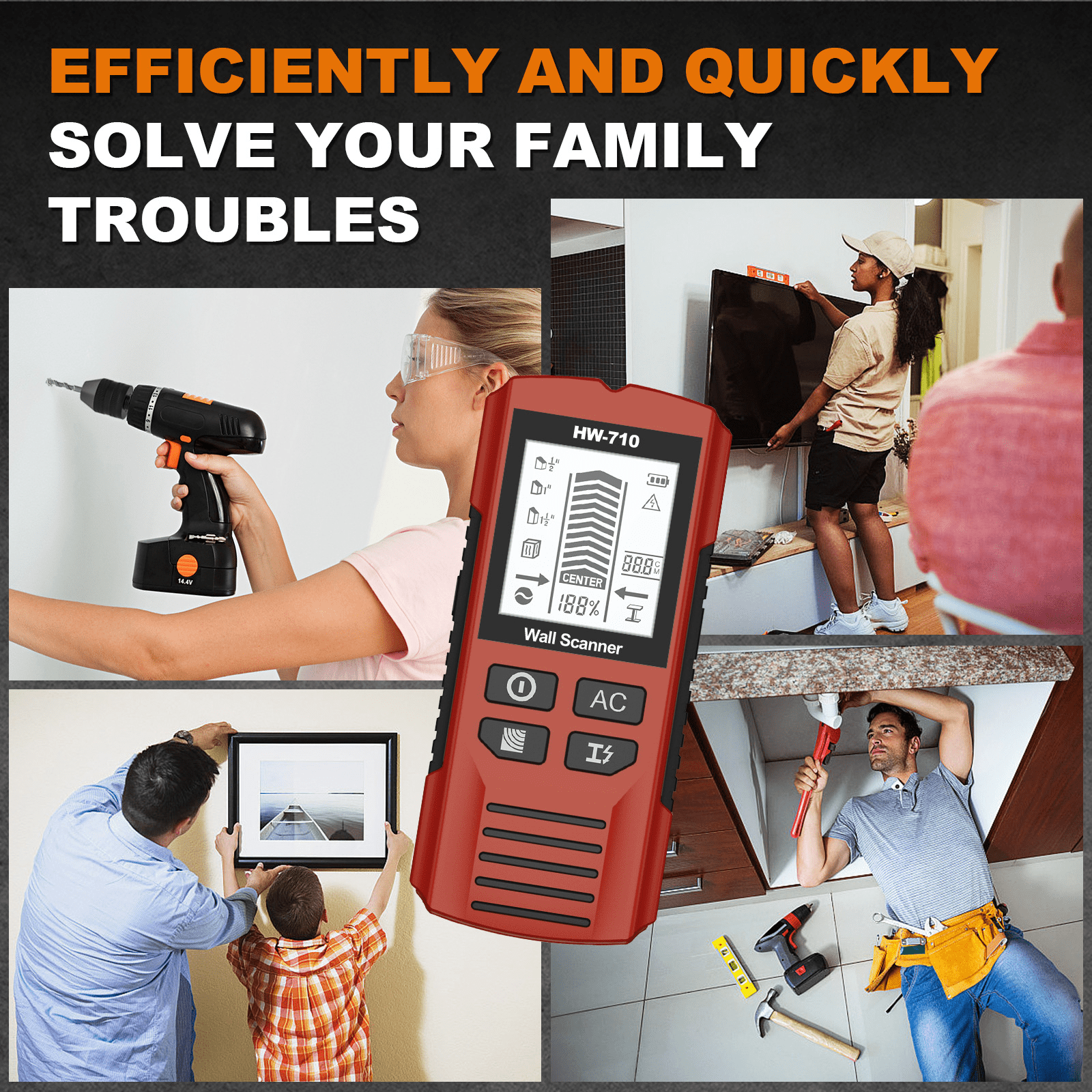 Detector manual multifunción de metales y paredes,Portable Wire Pipe Power Detector,6 In 1 Stud Finder Wall Scanner,HD LCD Display and Audio Alarm, High Sensitivity Sensor for Detecting Wood,Cables
