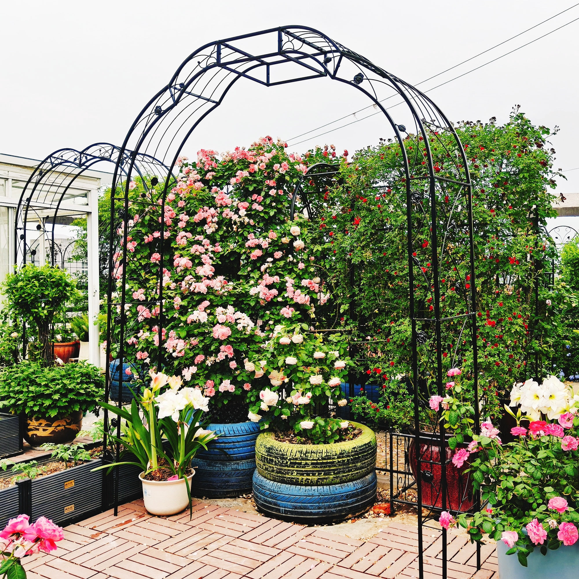 Yoneston 98.4"H Metal Garden Arch Trellis, Garden Arbor Trellis Support Rose Arch for Outdoor Plant Climbing or Wedding Decor, Black