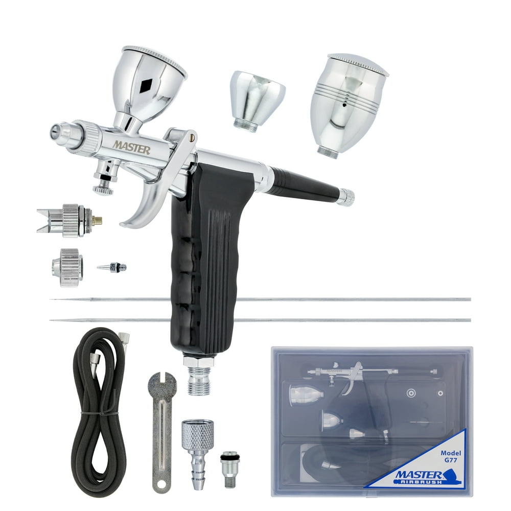 Master G77 Pistol Trigger Gravity Feed Airbrush, 2 Nozzle Sets, Spray Gun Fan Head, Round