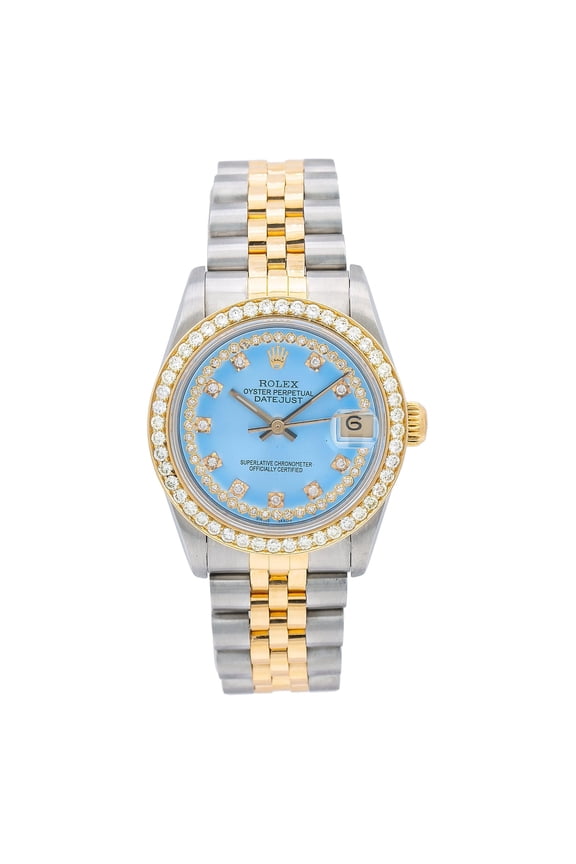 Pre-Owned Rolex Datejust 31MM 68273 Blue Diamond Dial Diamond Bezel Two Tone Yellow Gold Jubilee Bracelet 1.05ct