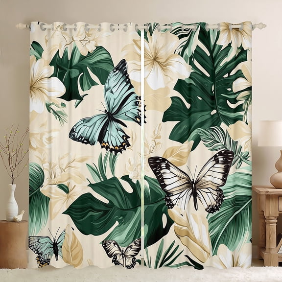 Manfei Falm Monstera Leaf Blackout Curtains Set of 2 (52x84 Each),Wild Butterfly Window Curtains,Green Beige Cyan Curtains and Drapes For Girls Boys,Breathable Home Decor