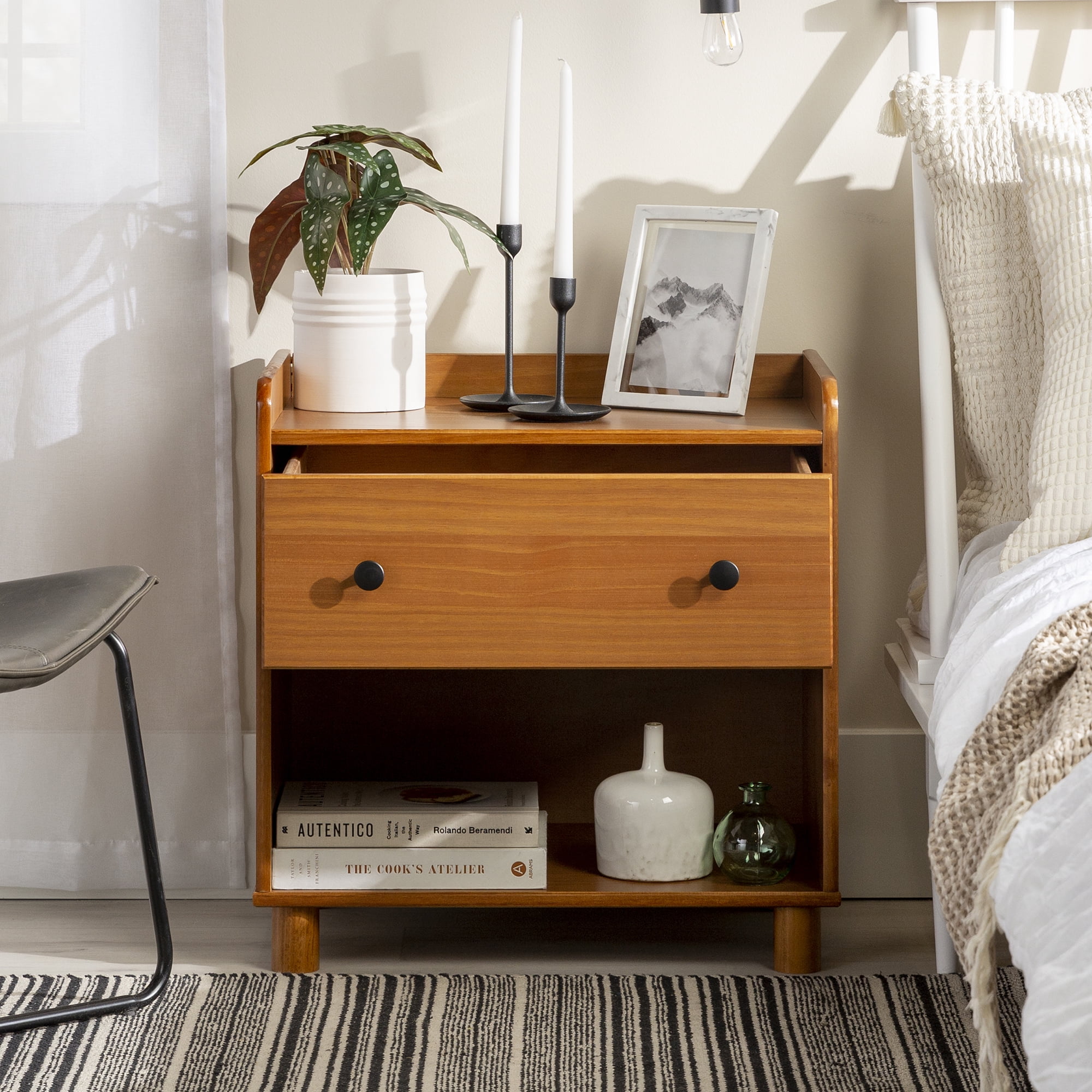 Walker Edison Mid Century Modern Tray Top Caramel Nightstand