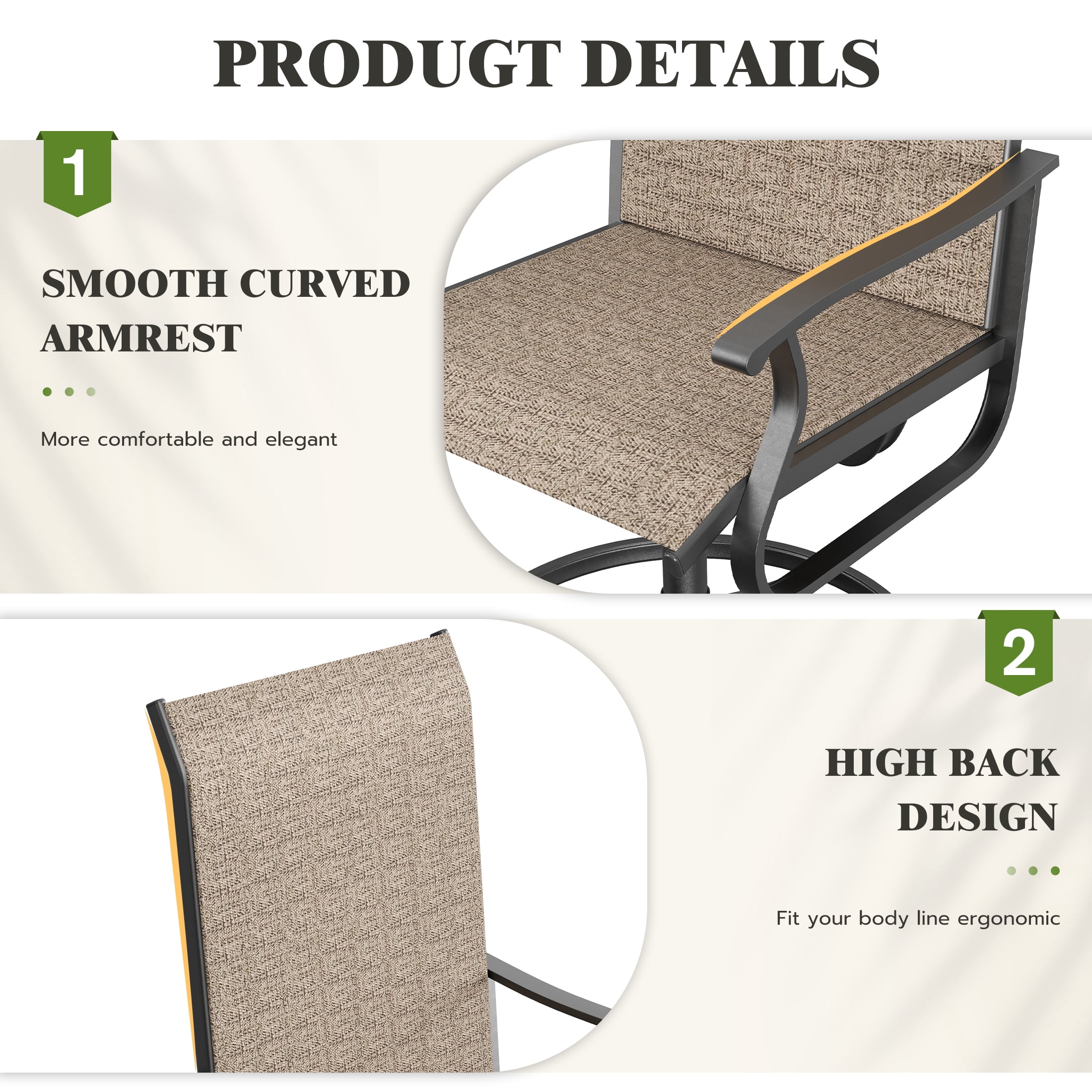 UDPATIO 7-Piece Outdoor Dining Set with High-Back Swivel Chairs & Iron Rectangle Table for 6-Person, Black & Khaki