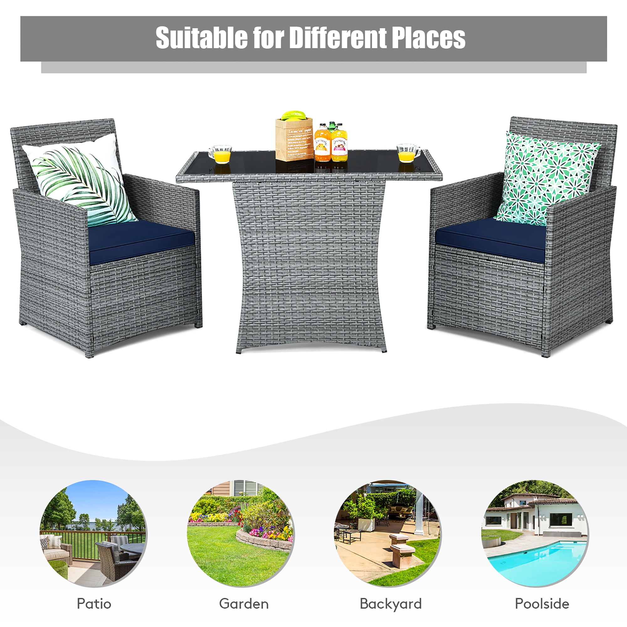 Costway 3PCS Patio Rattan Furniture Set Cushioned Sofa Armrest  Garden Navy