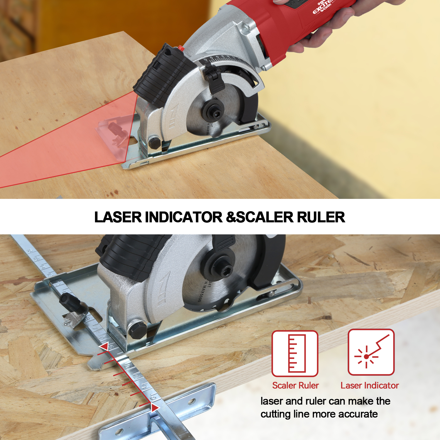 EXCITED WORK, 4.5Amps 3-3/8 in Electric Circular Laser Guided Power Saw, 6500 RPM