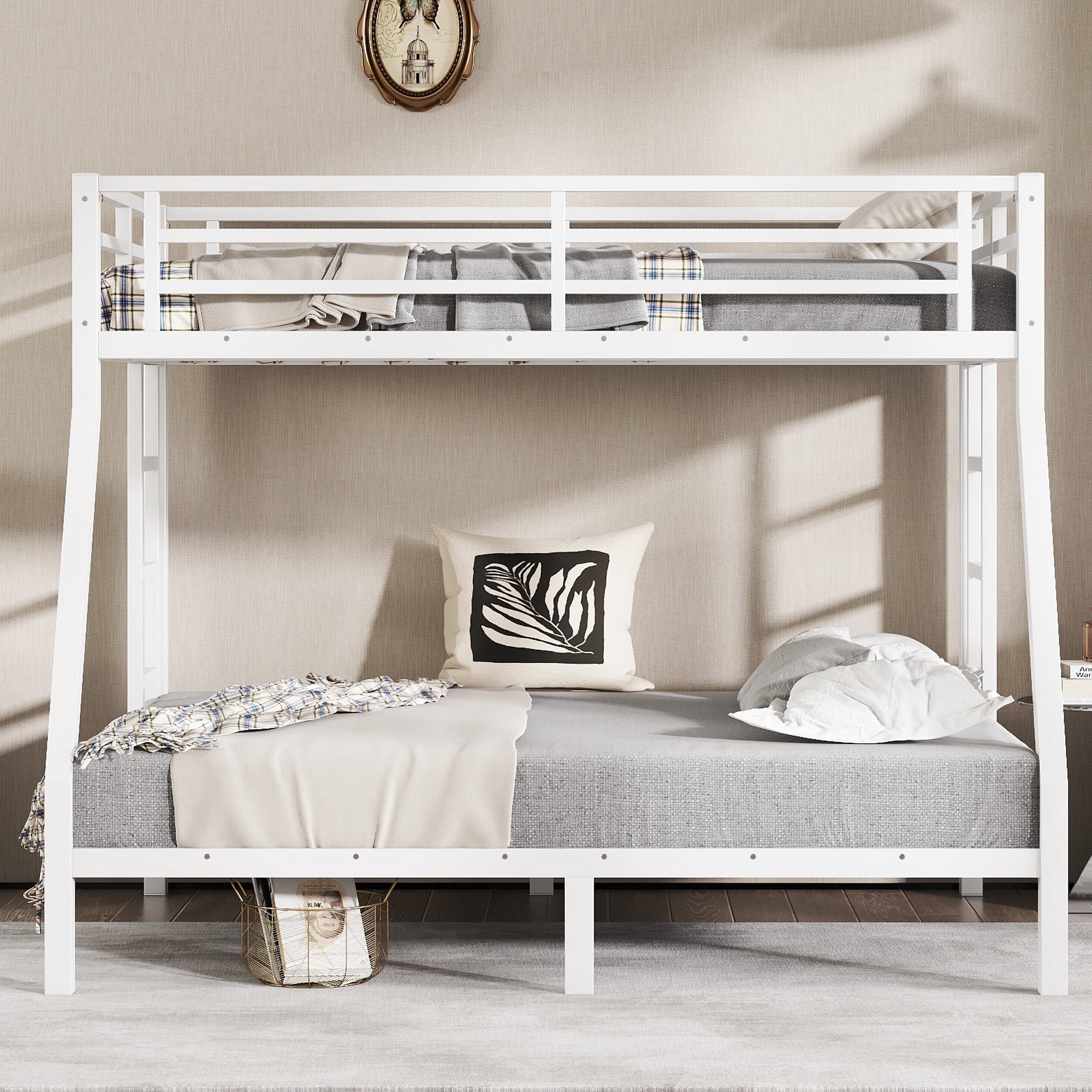 Miniyam Twin Over Full Metal Bunk Bed Frame with Guardrails and Ladder, Heavy-Duty Steel, Space-Saving Design, White