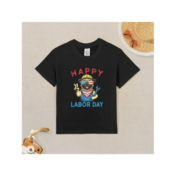 Kids' Funny Happy Labor Graphic T-Shirt - 100% Cotton Tee with Patriotic Fashion Glasses & Hard Hat Design, Machine Washable Casual Shirt for Boys & Girls