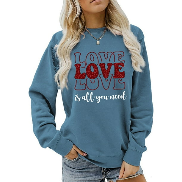 Avamo Women Pullover Letters Print T shirt Long Sleeve Sweatshirt Basic Jumper Tops Winter Sweatshirts Blue White 2XL