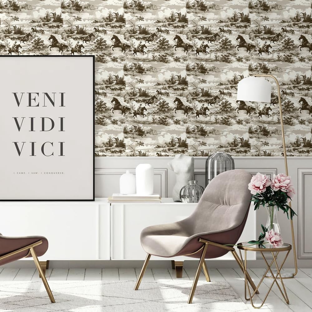 Beige Brown White Western Horse Landscape Peel and Stick Wallpaper Contact Paper Vintage Vinyl Stick on Wall Paper for Bedroom Bathroom Kitchen Cabinet Renter Friendly