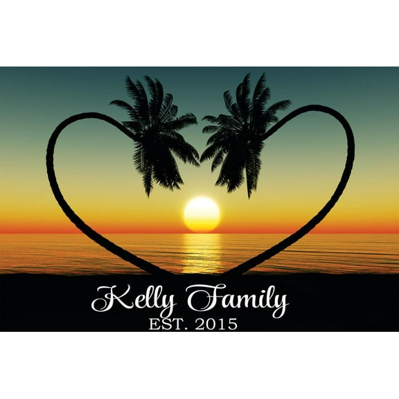 Personalized Name Vinyl Decal Custom Initial Wall Personalization Summer Sunset Sunrise Water Ocean View Palm Trees Love Heart Scene Mural 14X20”