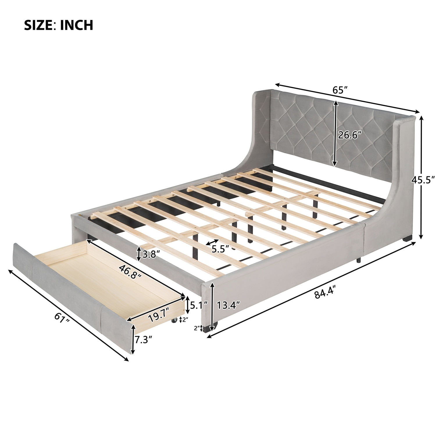 Kadyn Queen Size Storage Bed with Wingback Headboard, Velvet Upholstered Platform Bed with Big Drawer, Mattress Foundation, Wood Slat Support, Quiet, no Box Spring Needed, Gray