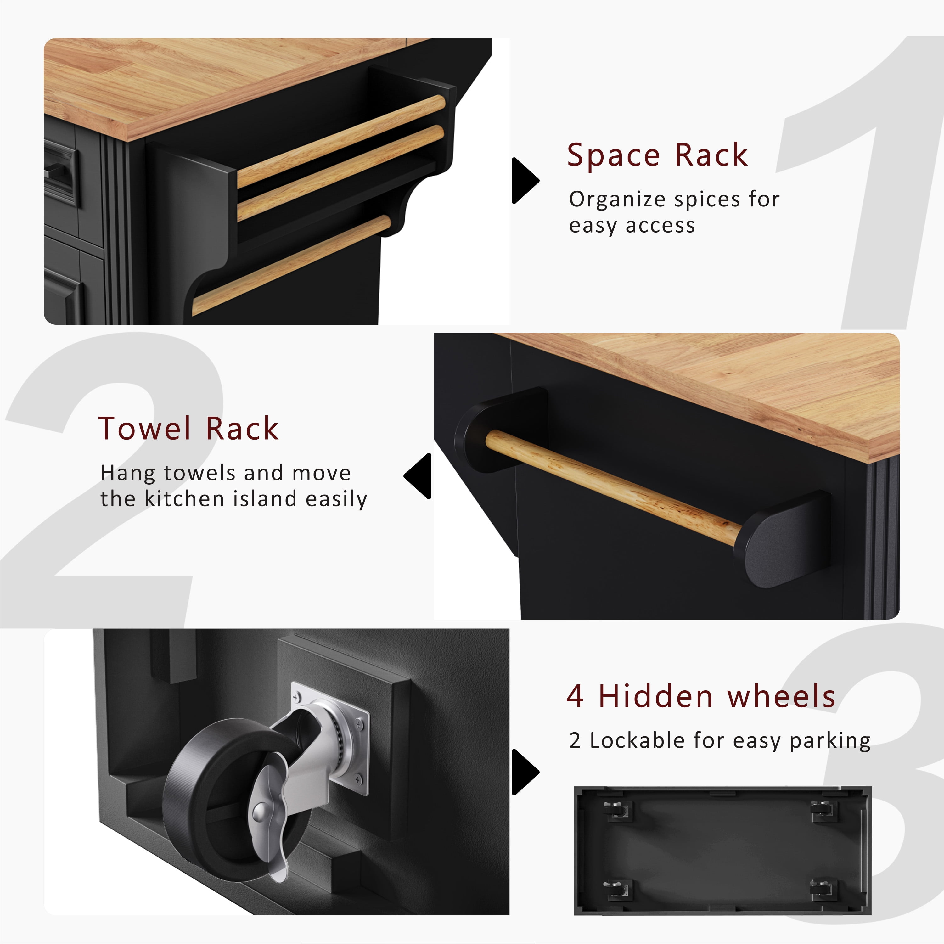54inch Large Kitchen Island with Rubber Wood Drop Leaf, Embossed Texture Rolling Kitchen Cart on 4 Wheels with 4 Doors and 3 Drawers, Kitchen Island with Storage for Kitchen, Dining Room,Black