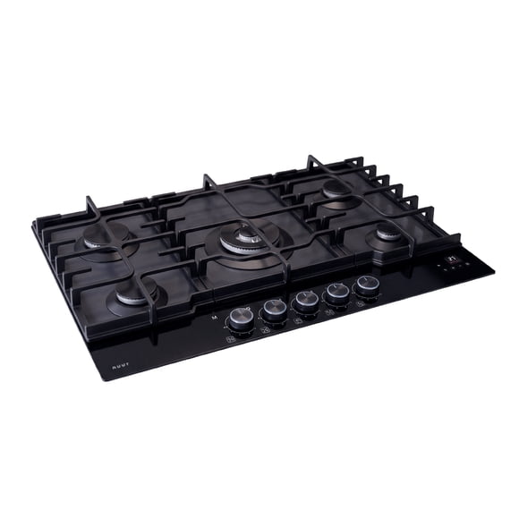 Nuur - Parrilla de Gas Empotrable Pro 5 Quemadores, Cocina Inteligente con WiFi y Display LCD, Vidrio Templado, Perillas Iluminadas, Conexión Automática con Campana, Gas LP, Negro Mate