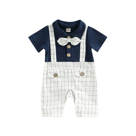 

Raruxxin Newborn Baby Boys Shirt Patchwork Romper Lapel Collar Short Sleeve Bow-Tied Plaid Jumpsuit Baby Gentleman Clothes