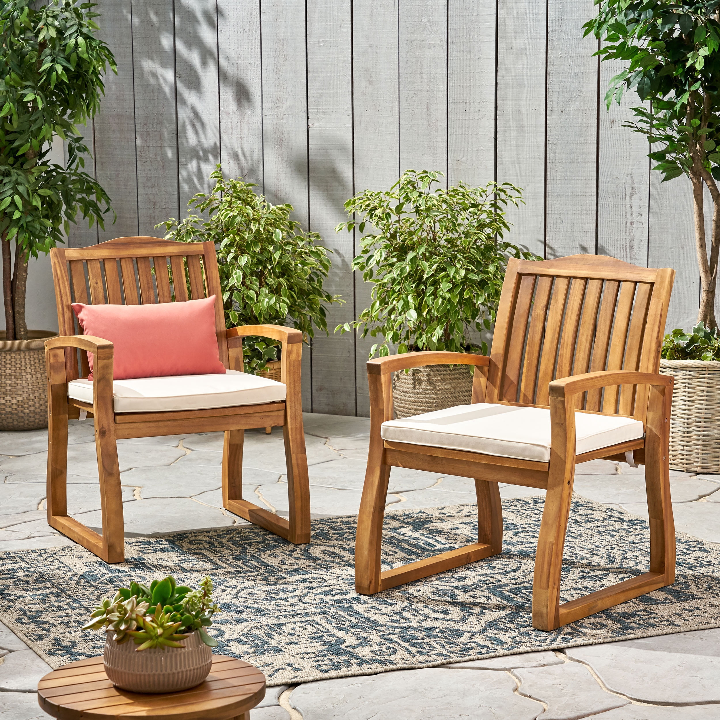 Outdoor Acacia Wood Armrest Dining Chair Set of 2, Household Leisure Seats for Patio Garden, Teak and Ivory