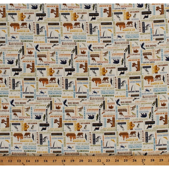 Cotton National Parks Wildlife Animals America American Words on Cream Cotton Fabric Print by the Yard (C8784-15)
