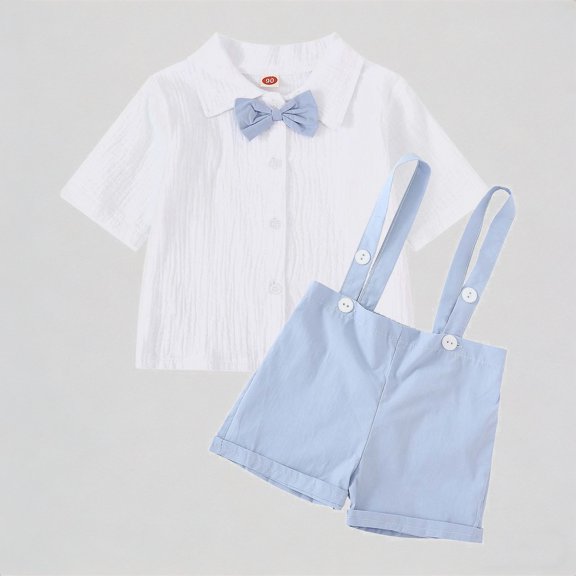Krdevn Boys Outfits Set Suspenders Romper with Short Sleeve Shirt Comfortable Pure Color Overalls for Daily Wear,5-8 Months