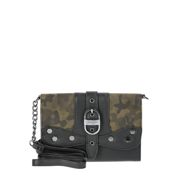 Jessica Simpson Woman's Courtney Clutch Wallet with Chain Strap, Black with Camo
