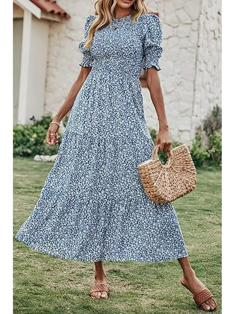 sachin and babi light blue dress BTFBM Women Summer Dresses 2023 Casual Flowy Beach Square Neck Puff Short  Sleeve Smocked Back Boho F main image 0