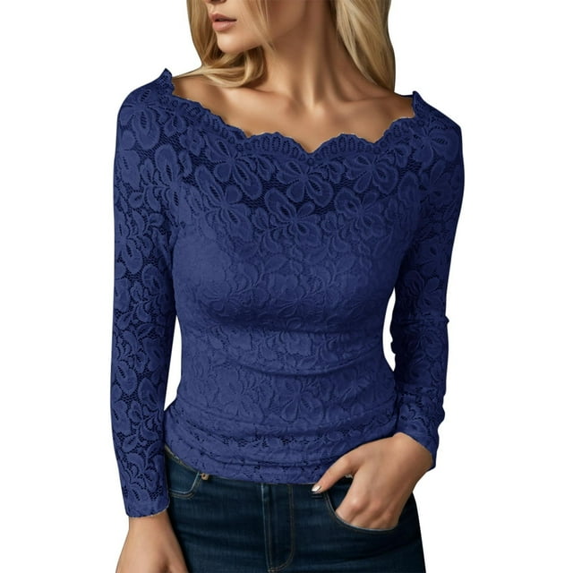 Gibobby Blusas Elegantes Para Mujer Blusas y camisas de mujer para mujer Reino Unido moda sin tirantes encaje un cuello manga larga hueco encaje camisetas Tops(Azul marino, L)