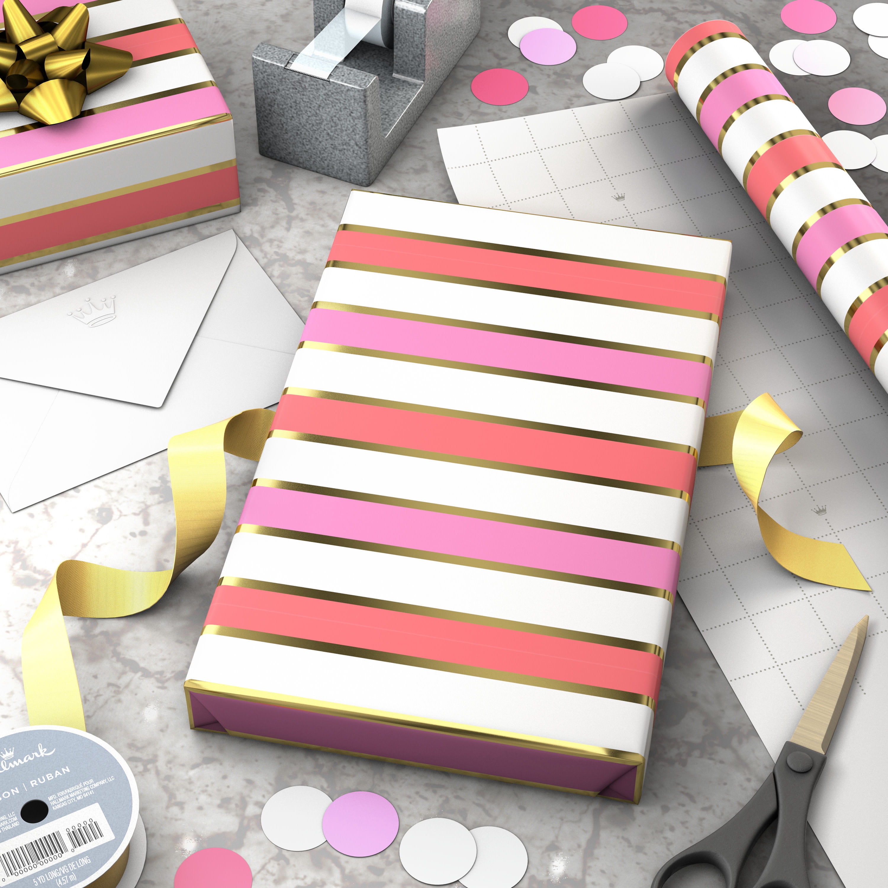 Hallmark Wrapping Paper Roll (Pink and Gold Foil Stripes) 17.5 sq. ft.