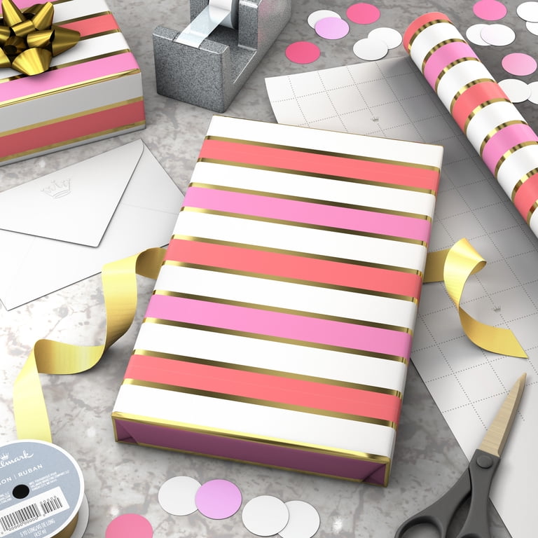 Hallmark Gift Wrapping Paper Bundle - 3 Rolls (Pink Stripes & Forever Friends), 6 Meters Total, FSC-Certified