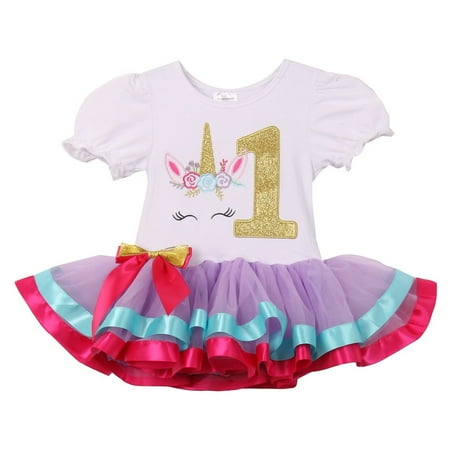 Short Sleeve Tutu - Baby Girls Cute Short Sleeve Unicorn Number Birthday Party Girl Tutu Dresses Lilac 1 YR (TUC19C06N)