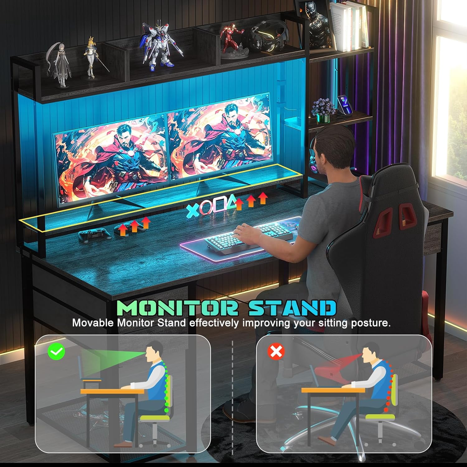 iSunirm Computer Desk with Storage & Hutch, 55.2'' Rectangle Gaming Desk with LED Light, Reversible Office Desk with Power Outlets, Comes with 3 Drawers, Large Workstation Desk for Home, Black Oak