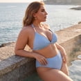 thumbnail image 2 of Agnes Orinda Women's Plus Size Bikini Set Ribbed Two Piece Bathing Swimsuits Halter Pearl Strap Triangle Top with High Waisted Shorts 3X Light Blue, 2 of 8