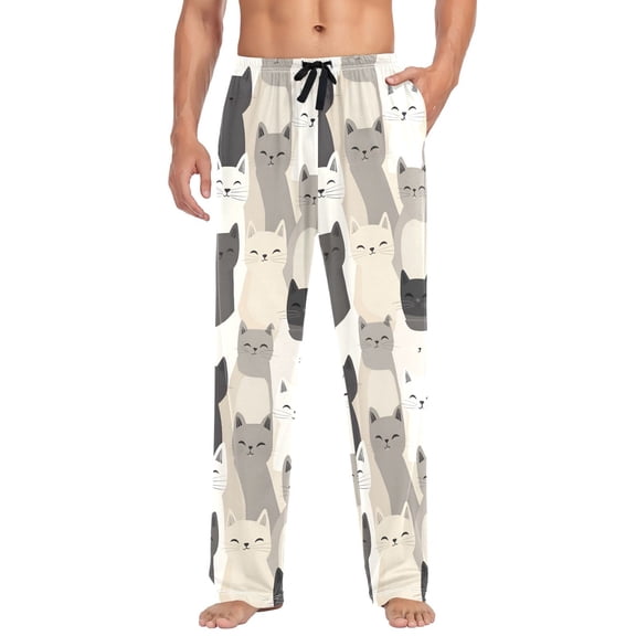 FORMRS Mens Pajama Pants with Pockets Soft Cotton Sleepwear Lounge Bottoms, Sizes S-2XL, Beige Cute Cats