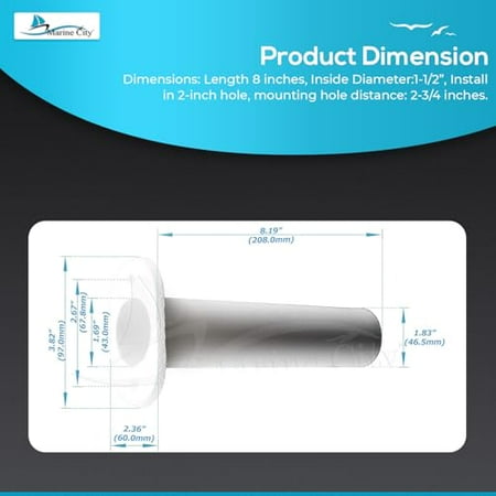 MARINE CITY Flush Mount Fishing Rod Holder 90 Degree White ABS Plastic (8 Inches x 1-1/2 Inches) for Boats Kayaks Yachts