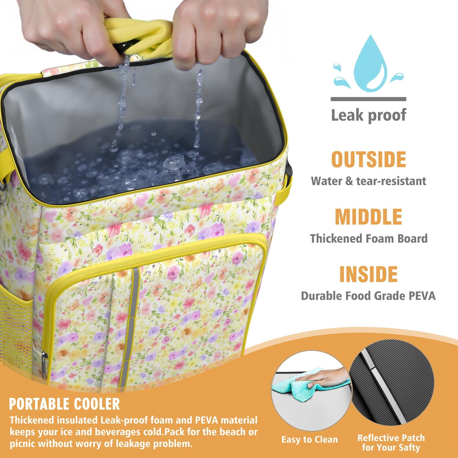 Travel Cooler Bag - Pioneer Flower Floral Print Pattern Camping Beer Cooler Backpack with Bottle Opener- Waterproof Insulated Picnic Backpacks - Cooler Bag for Beach