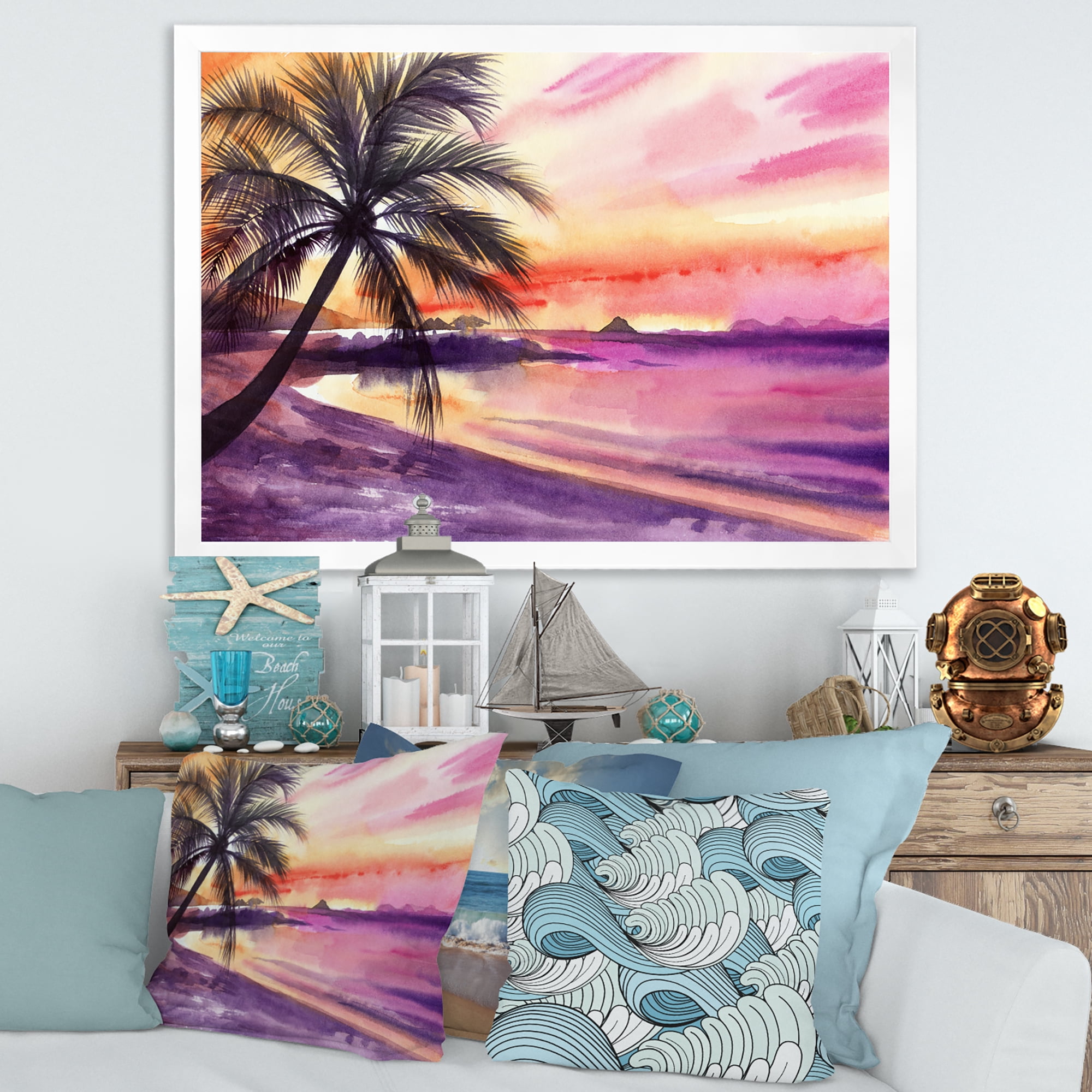 Designart 'Purple and Pink Palm Beach Sunset' Nautical & Coastal Framed Art Print