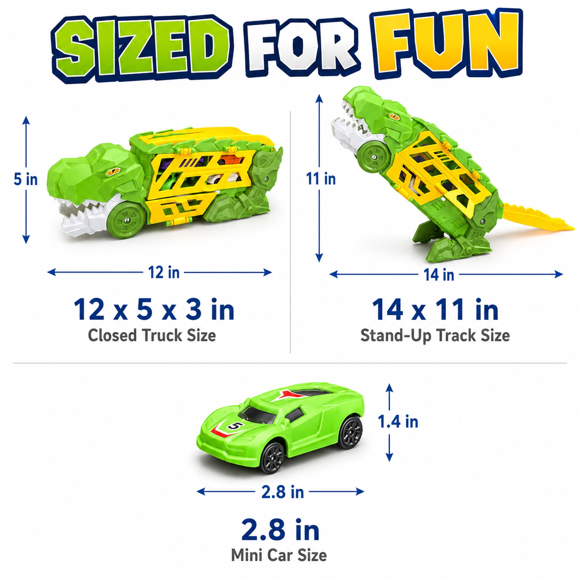Dinosaur Truck Toy Car Carrier Race Track Playset with 4 Mini Cars, Push and Launch Vehicle Toy for Kids Ages 3+