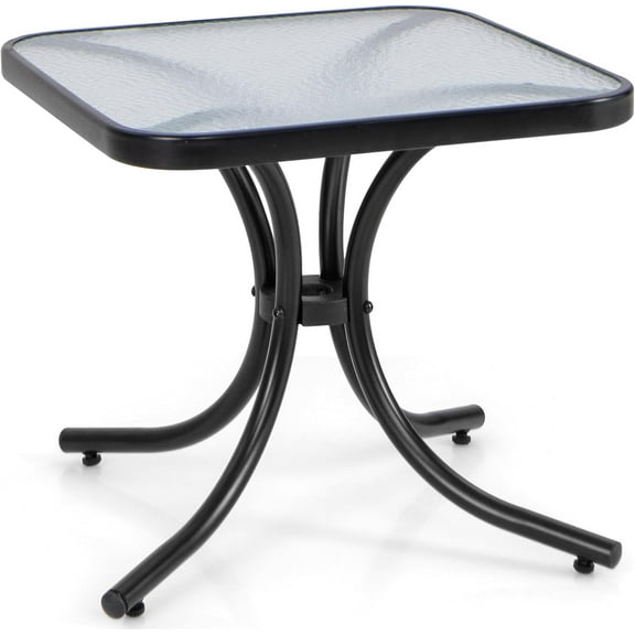 HYJY Small Outdoor Side Table with Tempered Glass Top, Heavy-Duty Metal Frame, 110 Lbs Capacity, Square Patio Table for Balcony, Porch, Backyard, Deck, Black