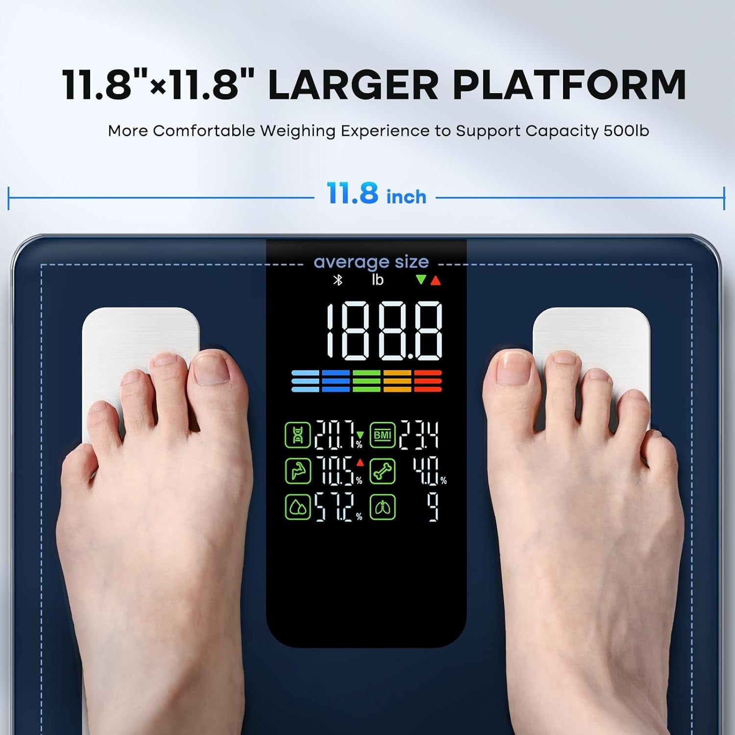 Smart Scale for Body Weight, BMI, Body Fat, Muscle Mass, Digital Bathroom Scales 500lbs for Bluetooth Weight Monitor 11.8" Large Platform Weighing Machine Health Analyzer with App, Dark Blue