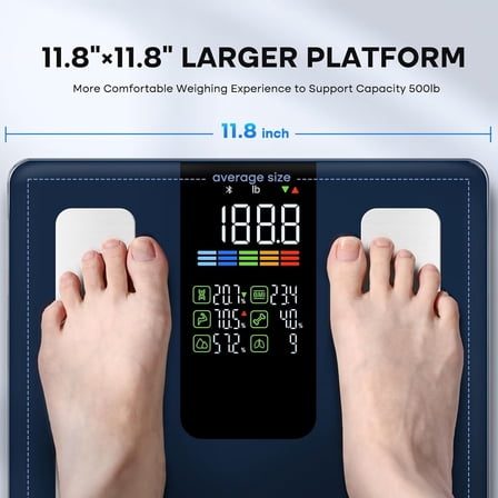 Smart Scale for Body Weight, BMI, Body Fat, Muscle Mass, Digital Bathroom Scales 500lbs for Bluetooth Weight Monitor 11.8" Large Platform Weighing Machine Health Analyzer with App, Dark Blue