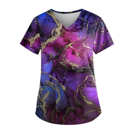 

Hanas Tops Plus Size Printed Scrub Working Uniform Tops For Women V-Neck Short Sleeve T-Shirts Workwear Tee With Pockets Dark Purple/XL